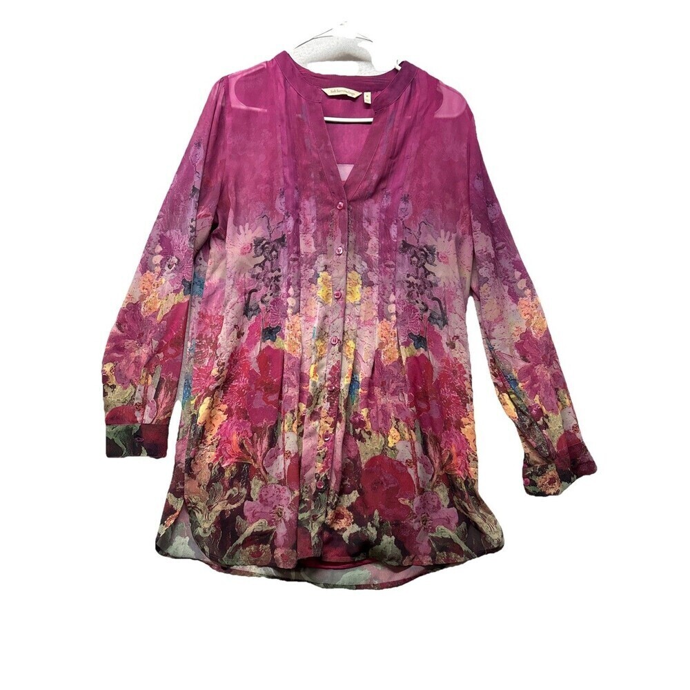 SOFT SURROUNDINGS Purple Floral Watercolor Harmonia Sheer Button Top Sz Medium